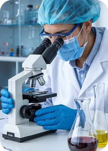 Clinical researcher working at a microscope